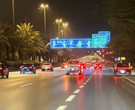 Vehicles drive near Riyadh's diplomatic quarter after drone strikes earlier this month that hit the US Embassy compound and were intercepted by Saudi air defences, according to the Defence Ministry